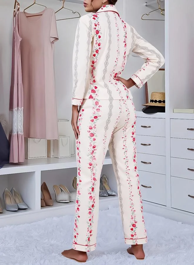 Take Two  Women Striped Floral Print Shirt and Pyjama Set for Women | Best Price UAE